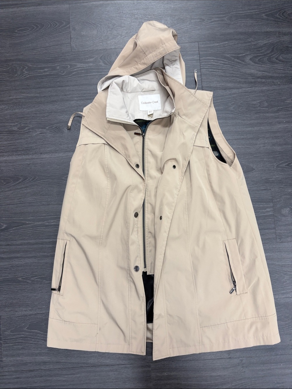 Coldwater Creek Hooded Sleeveless Trench Vest in Beige